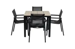 90x90 Cyprus | Wood + 4x Stapelbare tuinstoel Delia | Black | Textileen | Brafab