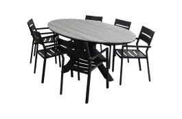 7-delige tuinset | 6 Delia stapelbare tuinstoelen (Black) | 220cm ovale Cyprus tuintafel (Grey)