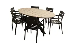 7-delige tuinset | 6 Delia stapelbare tuinstoelen (Black) | 220cm ovale Cyprus tuintafel (Wood)