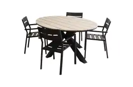 5-delige tuinset | 4 Delia stapelbare tuinstoelen (Black) | 180cm ovale Cyprus tuintafel (Wood)