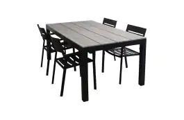 5-delige tuinset | 4 Delia stapelbare tuinstoelen (Black) | 160cm Cyprus tuintafel (Grey)