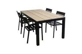 5-delige tuinset | 4 Delia stapelbare tuinstoelen (Black) | 160cm Cyprus tuintafel (Wood)