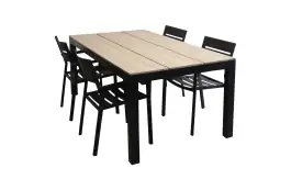 5-delige tuinset | 4 Delia stapelbare tuinstoelen (Black) | 180cm Cyprus tuintafel (Wood)