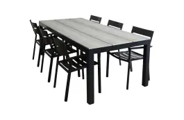 7-delige tuinset | 6 Delia stapelbare tuinstoelen (Black) | 225cm Cyprus tuintafel (Grey)
