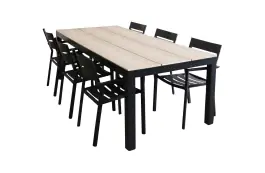7-delige tuinset | 6 Delia stapelbare tuinstoelen (Black) | 225cm Cyprus tuintafel (Wood)