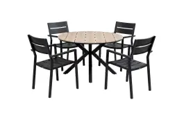 5-delige ronde tuinset | 4 Delia stapelbare tuinstoelen (Black) | ⌀ 120cm Cyprus tuintafel (Wood)