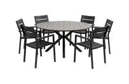 7-delige ronde tuinset | 6 Delia stapelbare tuinstoelen (Black) | ⌀ 150cm Cyprus tuintafel (Grey)
