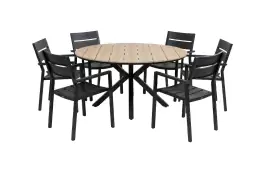 7-delige ronde tuinset | 6 Delia stapelbare tuinstoelen (Black) | ⌀ 150cm Cyprus tuintafel (Wood)