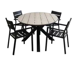 5-delige tuinset | 4 Delia stapelbare tuinstoelen (Black) | 180cm ovale Cyprus tuintafel (Wood)