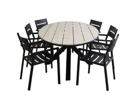 7-delige tuinset | 6 Delia stapelbare tuinstoelen (Black) | 220cm ovale Cyprus tuintafel (Wood)