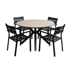 5-delige ronde tuinset | 4 Delia stapelbare tuinstoelen (Black) | ⌀ 120cm Cyprus tuintafel (Wood)