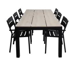 7-delige tuinset | 6 Delia stapelbare tuinstoelen (Black) | 225cm Cyprus tuintafel (Wood)