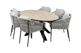 7-delige tuinset | 6 Elvira tuinstoelen (Black) | Tuintafel Cyprus 220x115cm (Wood)