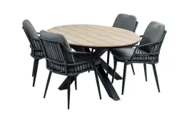 5-delige tuinset | 4 Isabel tuinstoelen (Black) | 180cm ovale Cyprus tuintafel (Wood)