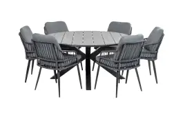 7-delige ronde tuinset | 6 Isabel tuinstoelen (Black) | ø150 cm Cyprus tuintafel (Grey)