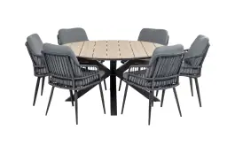 7-delige ronde tuinset | 6 Isabel tuinstoelen (Black) | ø150cm Cyprus tuintafel (Wood)
