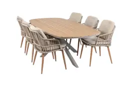 7-delige tuinset | 6 Isabel tuinstoelen (Sand/Wood) | Tuintafel Cadiz 240x115cm (Camel)