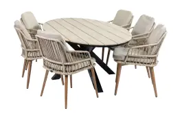 7-delige tuinset | 6 Isabel tuinstoelen (sand/wood) | 220cm ovale Cyprus tuintafel (Wood)