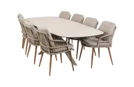 9-delige tuinset | 8 Isabel tuinstoelen (Sand/Wood) | Tuintafel Malaga 280x115cm (Camel)