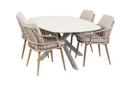 5-delige tuinset | 4 Isabel tuinstoelen (Sand/Wood) | Tuintafel Malaga 180x115cm (Camel)