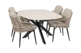 5-delige tuinset | 4 Isabel tuinstoelen (Sand) | Tuintafel Malaga 180x115cm (Black)