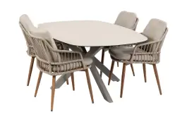 5-delige tuinset | 4 Isabel tuinstoelen (Sand/Wood) | Tuintafel Malaga 180x115cm (Camel)