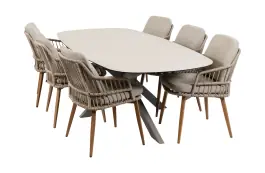 7-delige tuinset | 6 Isabel tuinstoelen (Sand/Wood) | Tuintafel Malaga 240x115cm (Camel)