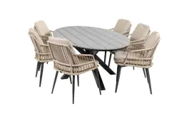 7-delige tuinset | 6 Isabel stoelen (Sand) | 220cm ovale Cyprus tuintafel (Grey)
