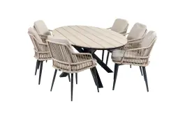 7-delige tuinset | 6 Isabel stoelen (Sand) | 220cm ovale Cyprus tuintafel (Wood)