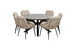 7-delige ronde tuinset | 6 Isabel tuinstoelen (Sand) | ø150cm Cyprus tuintafel (Grey)