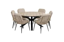 7-delige ronde tuinset | 6 Isabel tuinstoelen (Sand) | ø150cm Cyprus tuintafel (Wood)