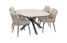 5-delige tuinset | 4 Isabel tuinstoelen (Sand) | Tuintafel Malaga 180x115cm (Black)