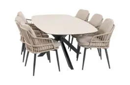 7-delige tuinset | 6 Isabel tuinstoelen (Sand) | Tuintafel Malaga 240x115cm (Black)