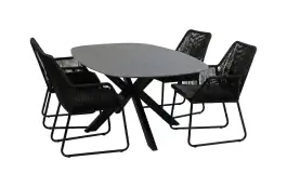 5-delige tuinset | 4 Mona tuinstoelen (Black) | Tuintafel Barletta 180x115cm (Black/Desert Pearl)