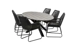 7-delige tuinset | 6 Mona tuinstoelen (Black) | 220cm ovale Cyprus tuintafel (Grey)