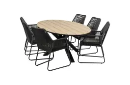 7-delige tuinset | 6 Mona tuinstoelen (Black) | 220cm ovale Cyprus tuintafel (Wood)
