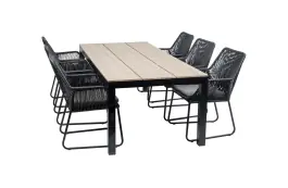 7-delige tuinset | 6 Mona tuinstoelen (Black) | 225cm Cyprus tuintafel (Wood)