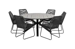 7-delige ronde tuinset | 6 Mona tuinstoelen (Black) | ⌀150cm Cyprus tuintafel (Grey)