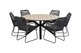7-delige ronde tuinset | 6 Mona tuinstoelen (Black) | ⌀150cm Cyprus tuintafel (Wood)