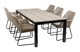 7-delige tuinset | 6 Mona tuinstoelen (Sand) | 225cm Cyprus tuintafel (Wood)