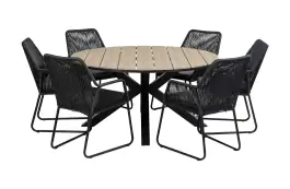 7-delige ronde tuinset | 6 Mona tuinstoelen (Black) | ⌀150cm Cyprus tuintafel (Wood)