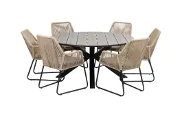 7-delige ronde tuinset | 6 Mona tuinstoelen (Sand) | ⌀150cm Cyprus tuintafel (Grey)