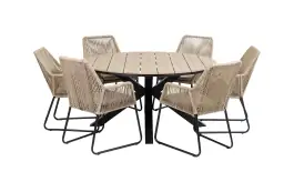 7-delige ronde tuinset | 6 Mona tuinstoelen (Sand) | ⌀150cm Cyprus tuintafel (Wood)