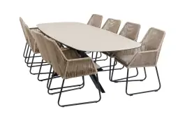 9-delige tuinset | 8 Mona tuinstoelen (Sand) | Tuintafel Malaga 280x115cm (Black)