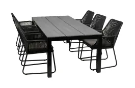 7-delige tuinset | 6 Mona tuinstoelen (Black) | 225cm Cyprus tuintafel (Grey)