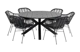 7-delige ronde tuinset | 6 Oslo dining tuinstoelen (Black) | ⌀ 150cm Cyprus tuintafel (Grey)