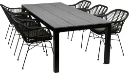 7-delige tuinset | 6 Oslo dining tuinstoelen (Black) | 225cm Cyprus tuintafel (Grey)