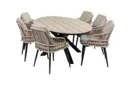 7-delige tuinset | 6 Isabel stoelen (Sand) | 220cm ovale Cyprus tuintafel (Wood)