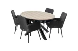 5-delige tuinset | 4 Pisa tuinstoelen (Black) | 180cm ovale Cyprus tuintafel (Wood)