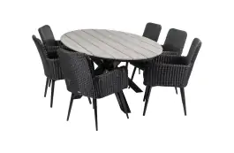7-delige tuinset | 6 Pisa tuinstoelen (Black) | 220cm ovale Cyprus tuintafel (Grey)
